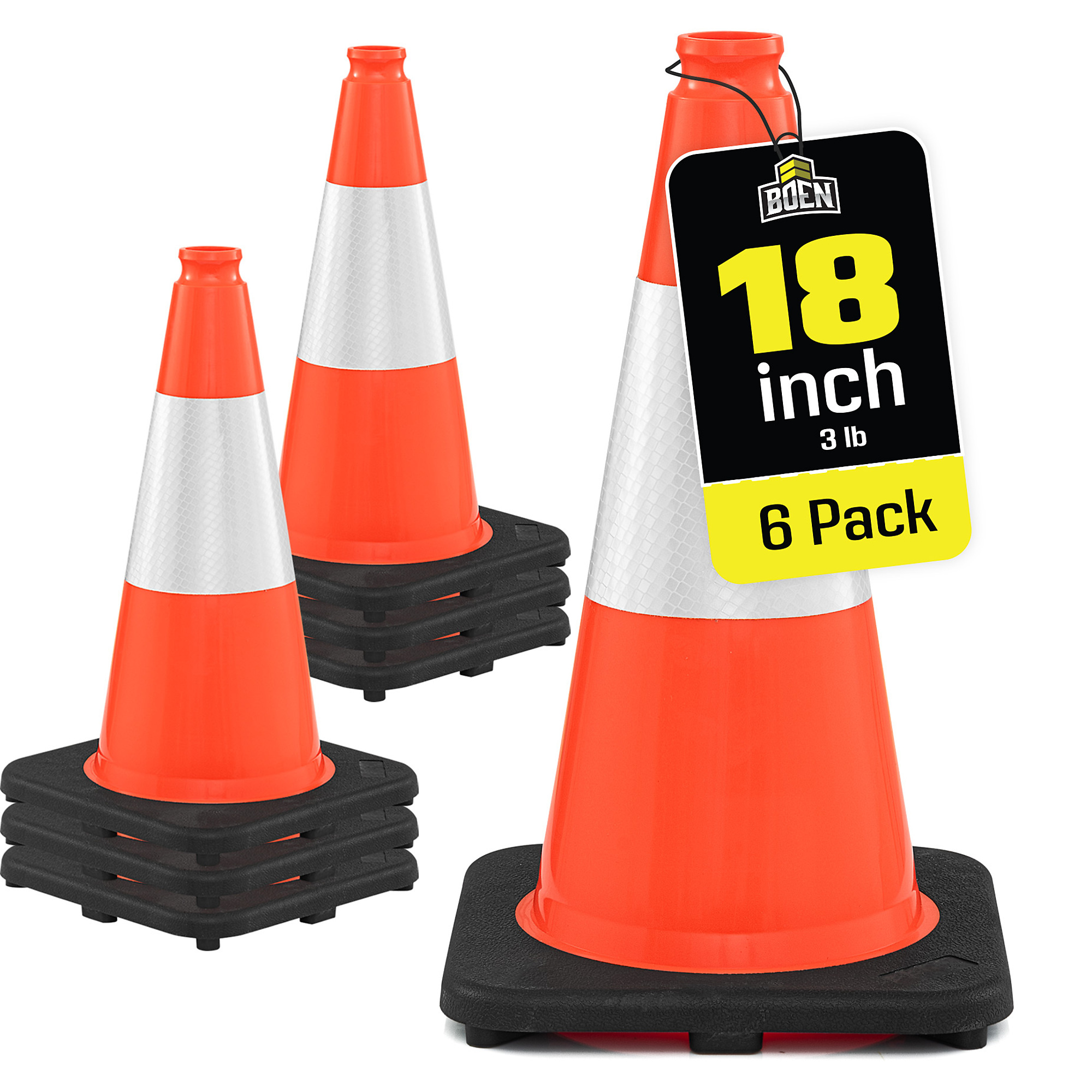 Boen 18 in, Orange Traffic Cone, 6-Pack, High-Visibility Safety Cones with Reflective Collar & Heavy-Duty Base for Parking, Events & Traffic Control